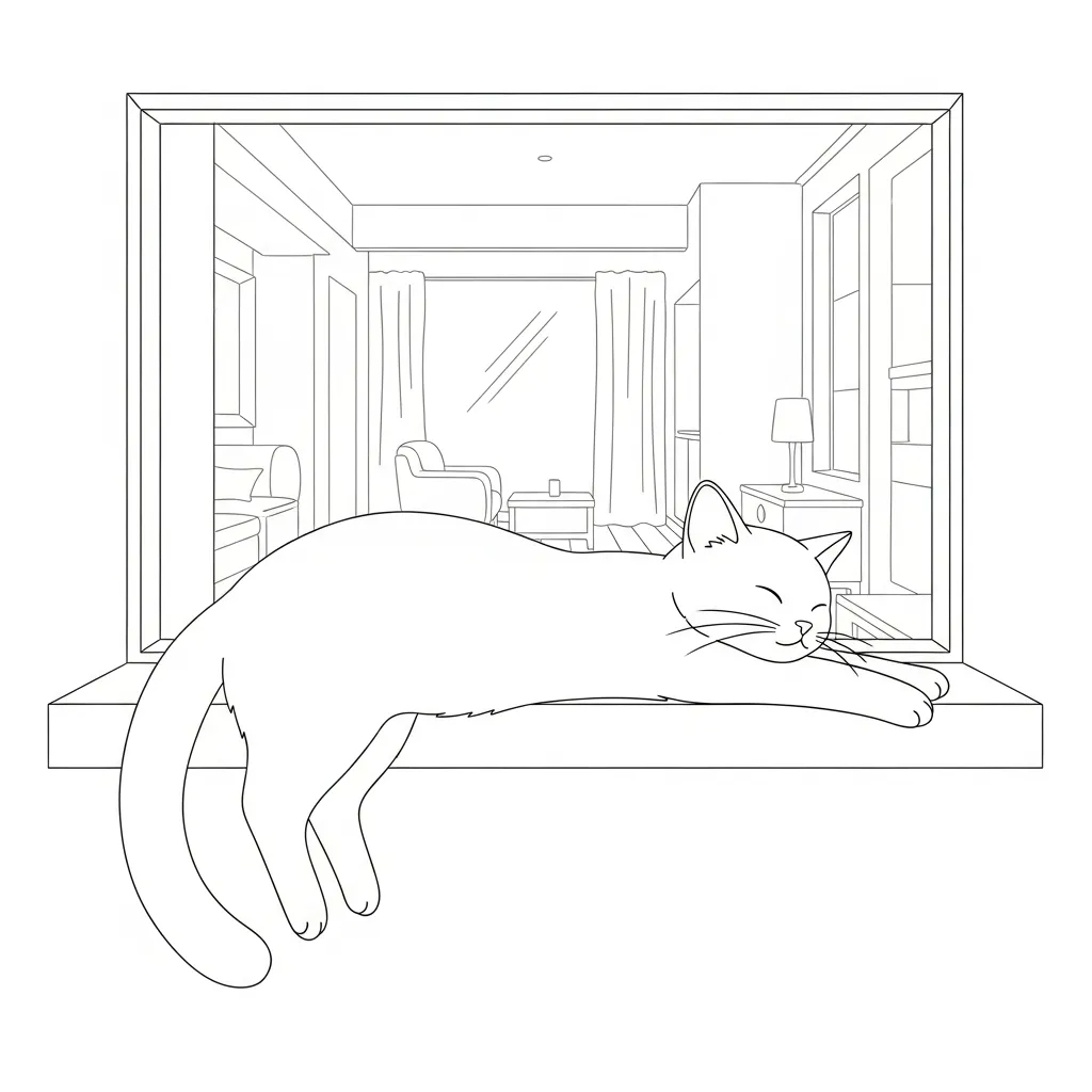 Cat Napping and Stretching on Window Sill (2)