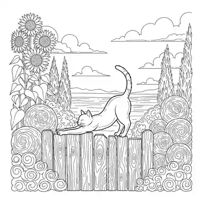 Cat Stretching on Garden Fence Outdoors (2)