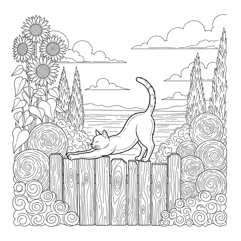 Cat Stretching on Garden Fence Outdoors (2)