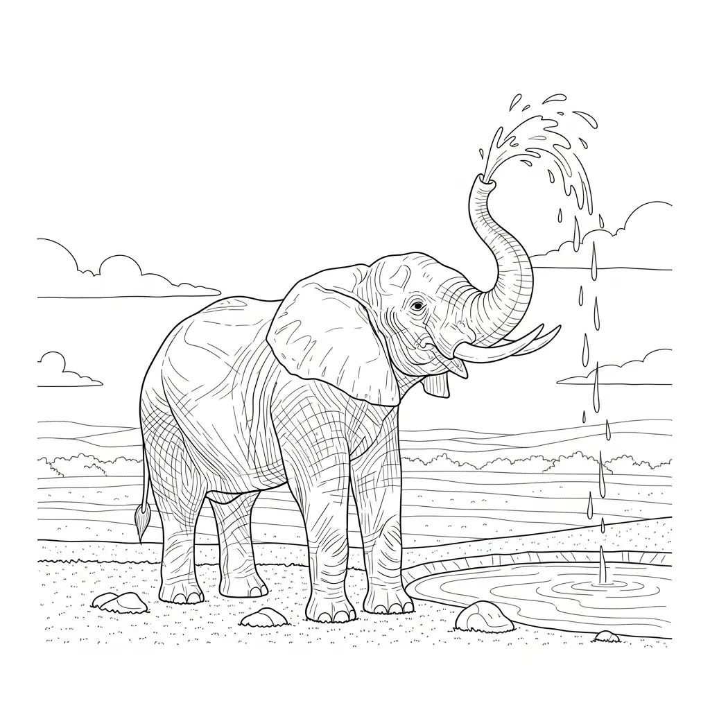 Elephant Spraying Water at Watering Hole (1)