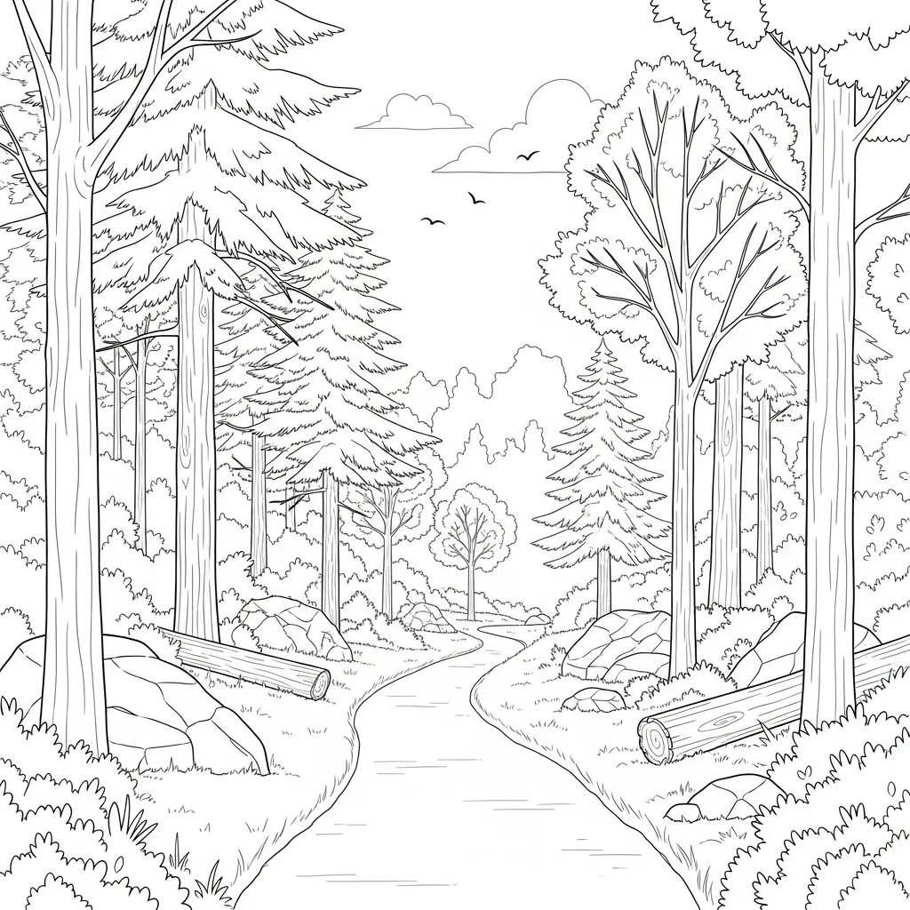 Forest Path Line Art Coloring Page (1)