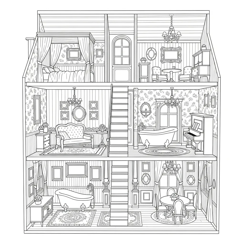 Intricate Dollhouse Interior Coloring Page (1)