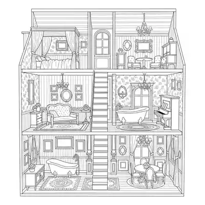 Intricate Dollhouse Interior Coloring Page (1)