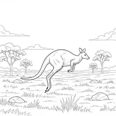 Kangaroo Hopping Across Grassy Outback Landscape Scene (3)