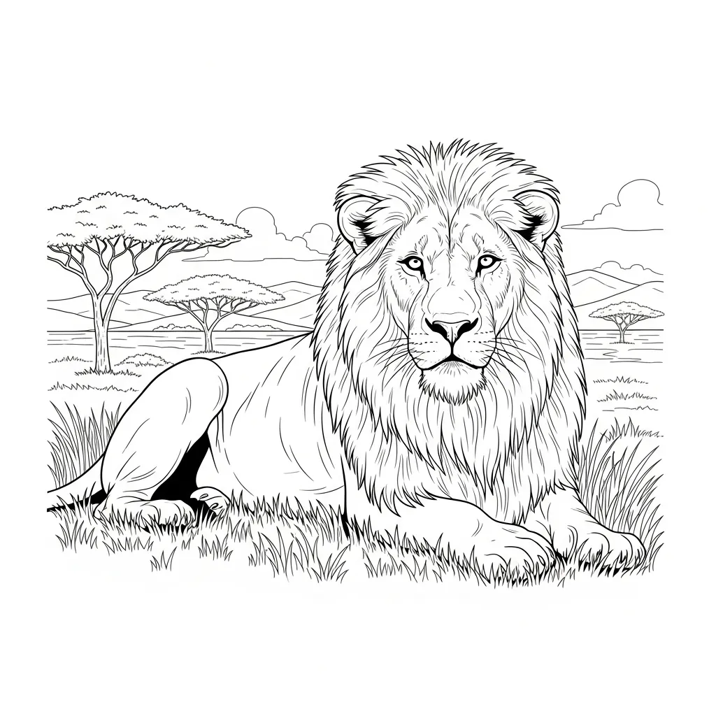 Majestic Lion Resting in Sunlit Savannah Scene (2)