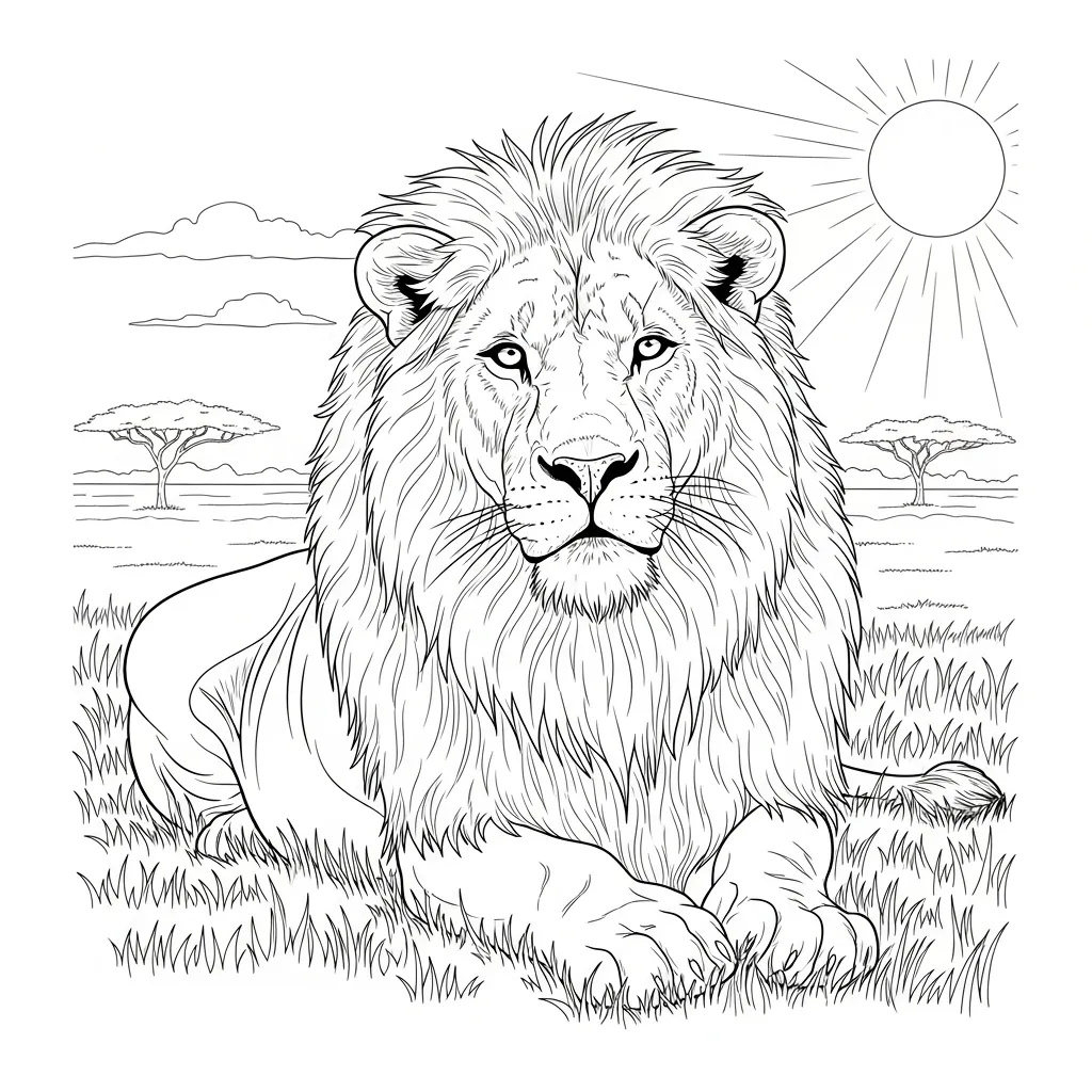 Majestic Lion Resting in Sunlit Savannah Scene (3)
