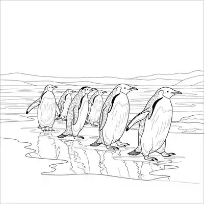 Penguin Family Walking on Icy Shoreline Together Scene (1)