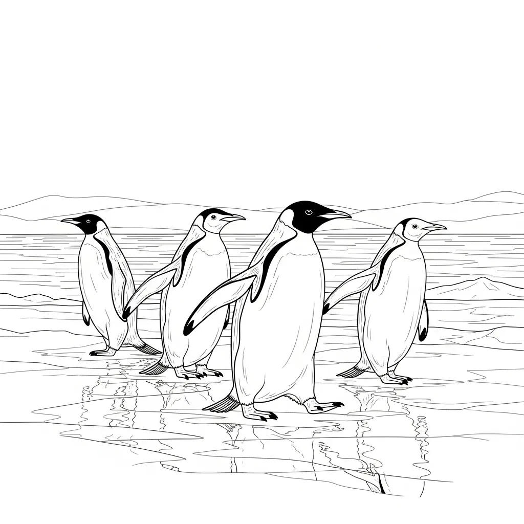 Penguin Family Walking on Icy Shoreline Together Scene (2)