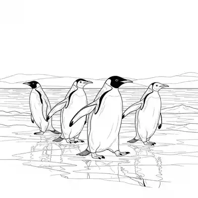 Penguin Family Walking on Icy Shoreline Together Scene (2)
