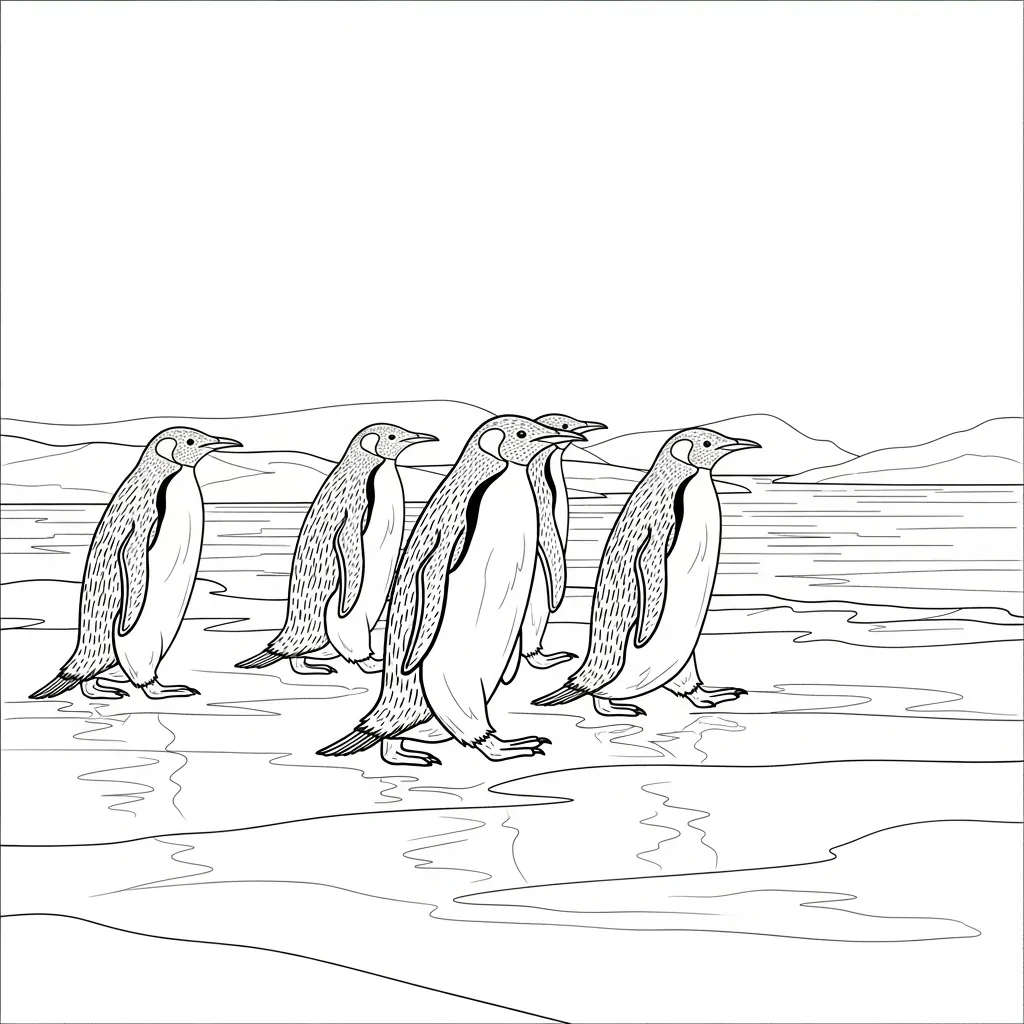 Penguin Family Walking on Icy Shoreline Together Scene (3)