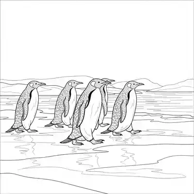 Penguin Family Walking on Icy Shoreline Together Scene (3)