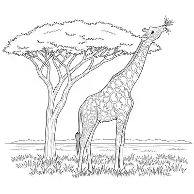Tall Giraffe Reaching Leaves in Savannah Trees Scene (1)