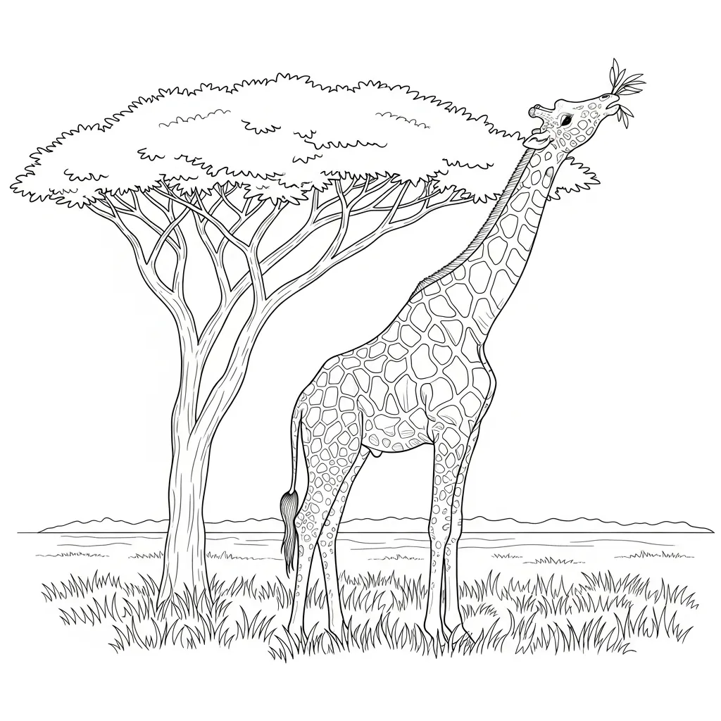 Tall Giraffe Reaching Leaves in Savannah Trees Scene (1)