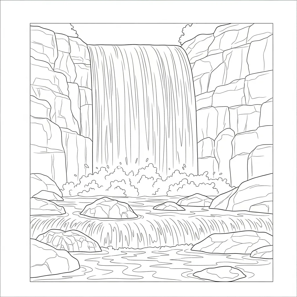Waterfall Scene Illustration Coloring Page (1)