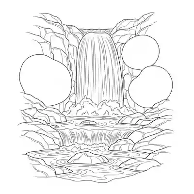 Waterfall Scene Illustration Coloring Page (2)
