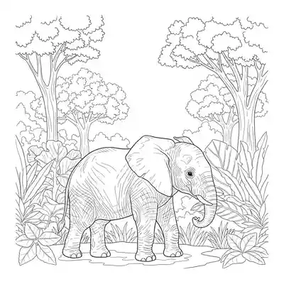 Young Elephant Walking Through Lush Jungle Vegetation (1)
